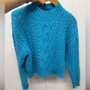 Elegant Turquoise Cable Knit Turtleneck Sweater